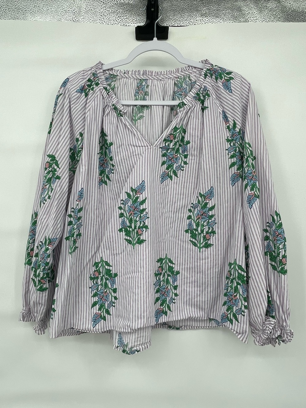 J crew cotton purple stripe floral long sleeve blouse